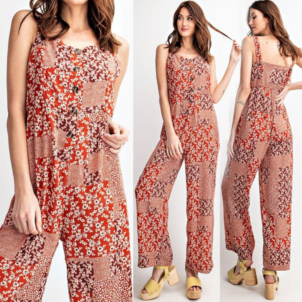 NEW Mix Floral Patch Print Button Front Jumpsuits